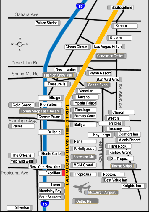 las vegas strip map with hotels. map to excalibur hotel