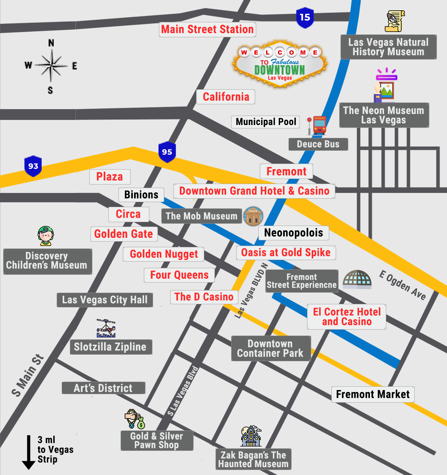 Downtown Las Vegas Hotel and Attractions Map