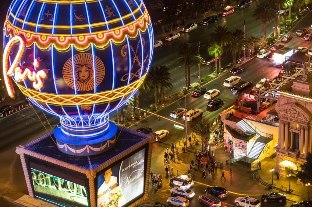 Overhead shot of people walking near Paris Las Vegas