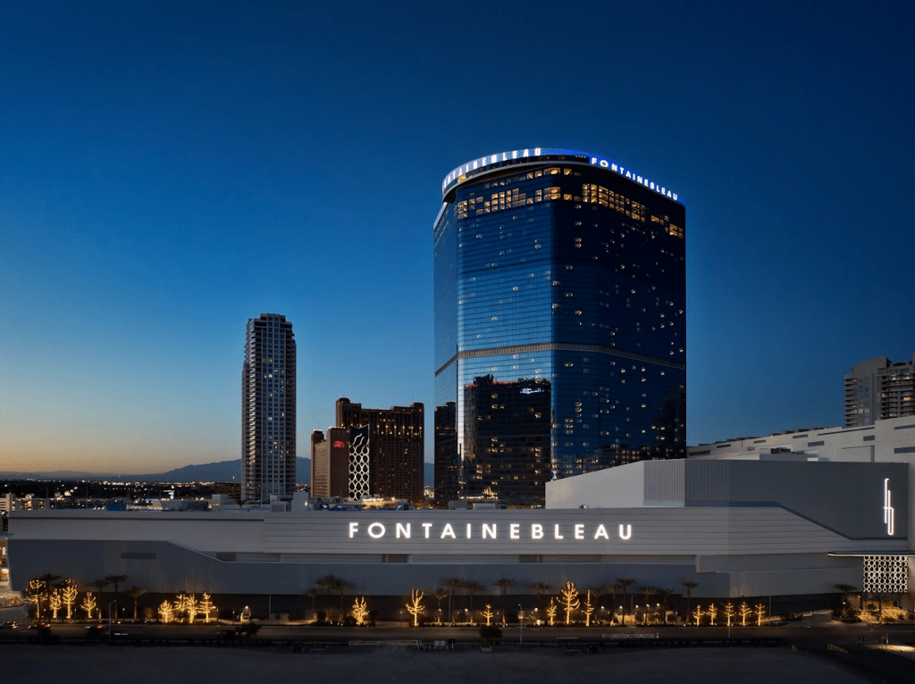 External shot of Fontainebleau Las Vegas at dusk. 