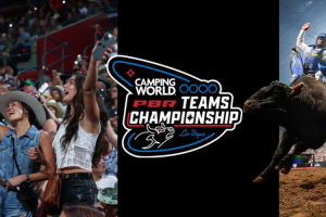 PBR Teams Championship Las Vegas. Image has rodeo fans and a bull with a rider on it wearing a helmet.